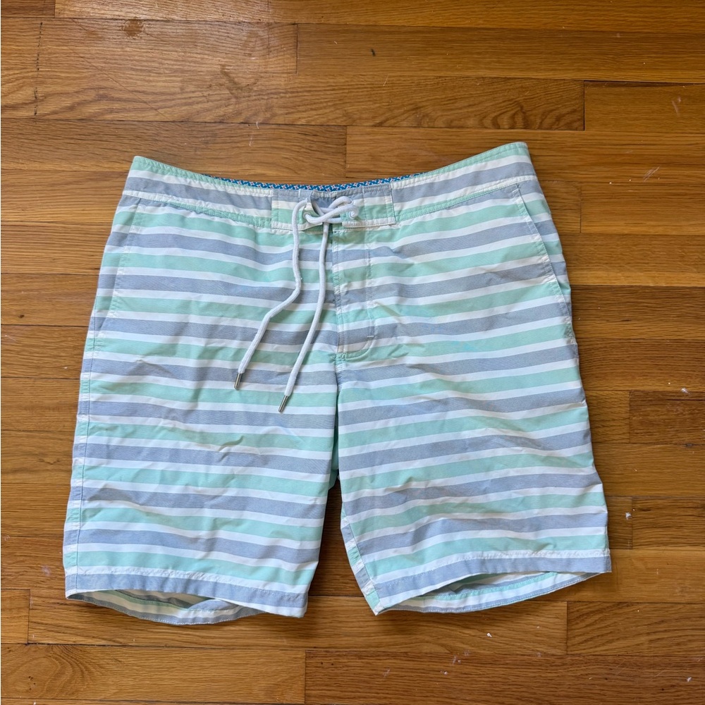 Bonobos Mint green, blue and White Striped Swim Shorts